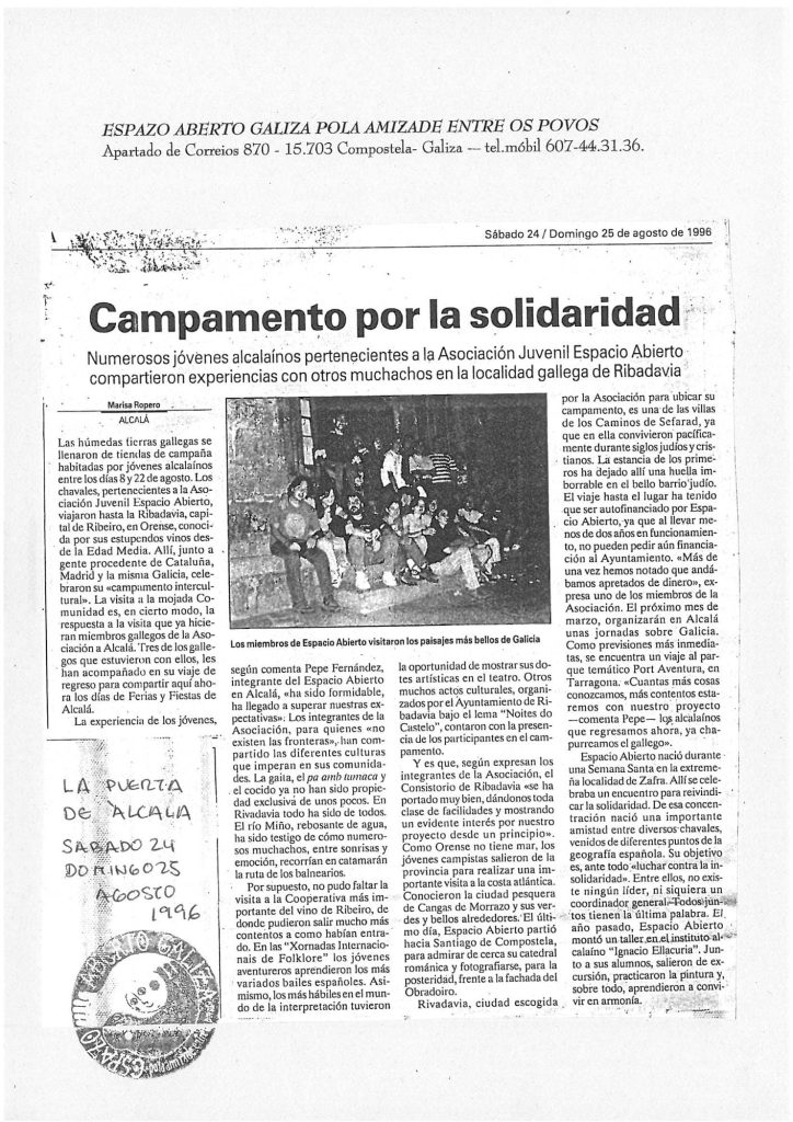 noticia sobre las jornadas de campamento de Espazo Abierto en 1996